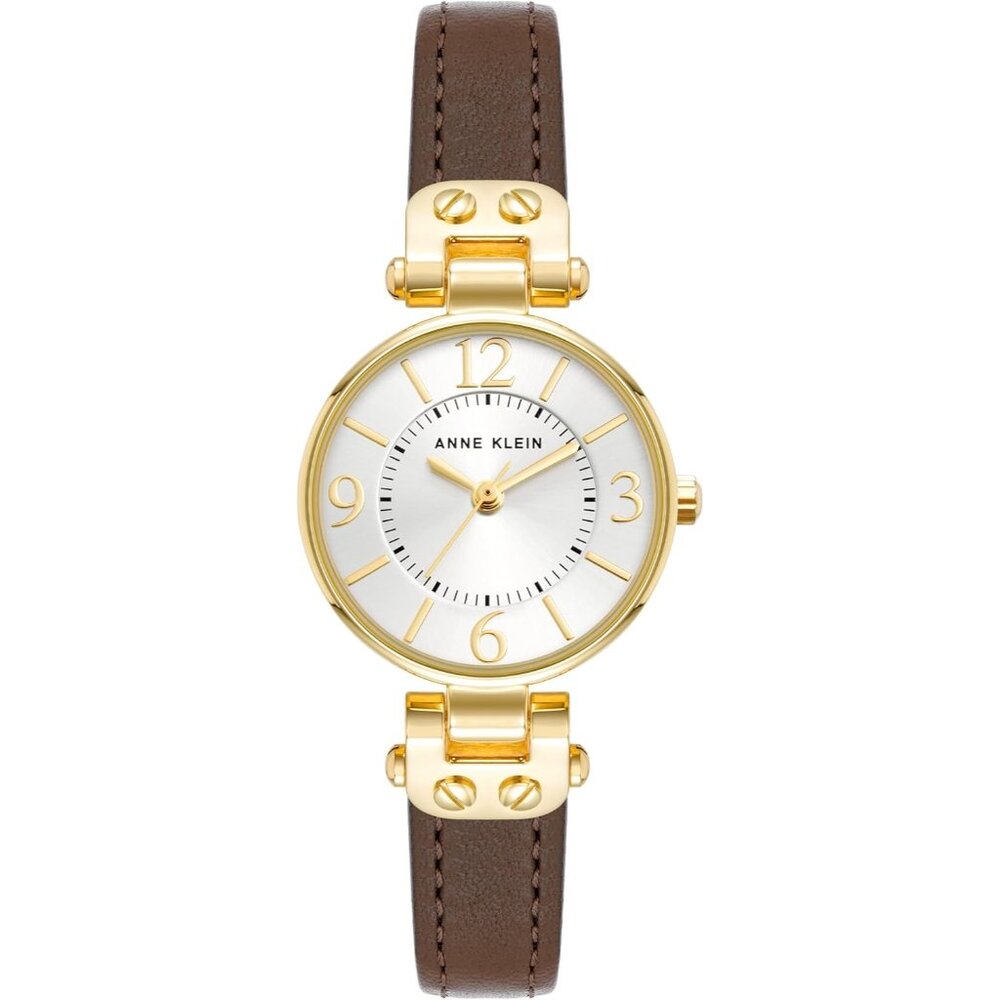 Women's Gold/Brown Domed Mineral Crystal Lens Leather Strap Buckle Closure Watch